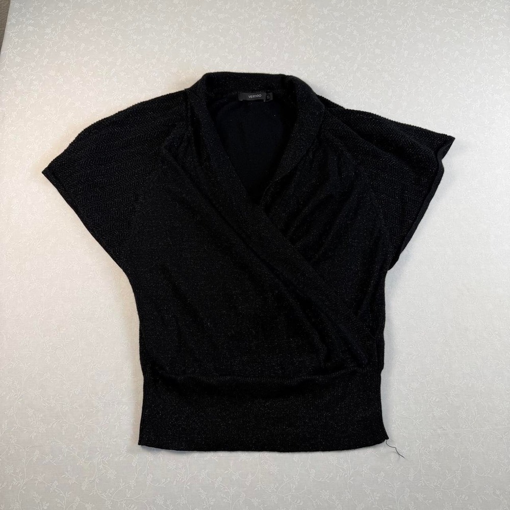 Vertigo Black Shimmer Wrap Knit Top — Women's S